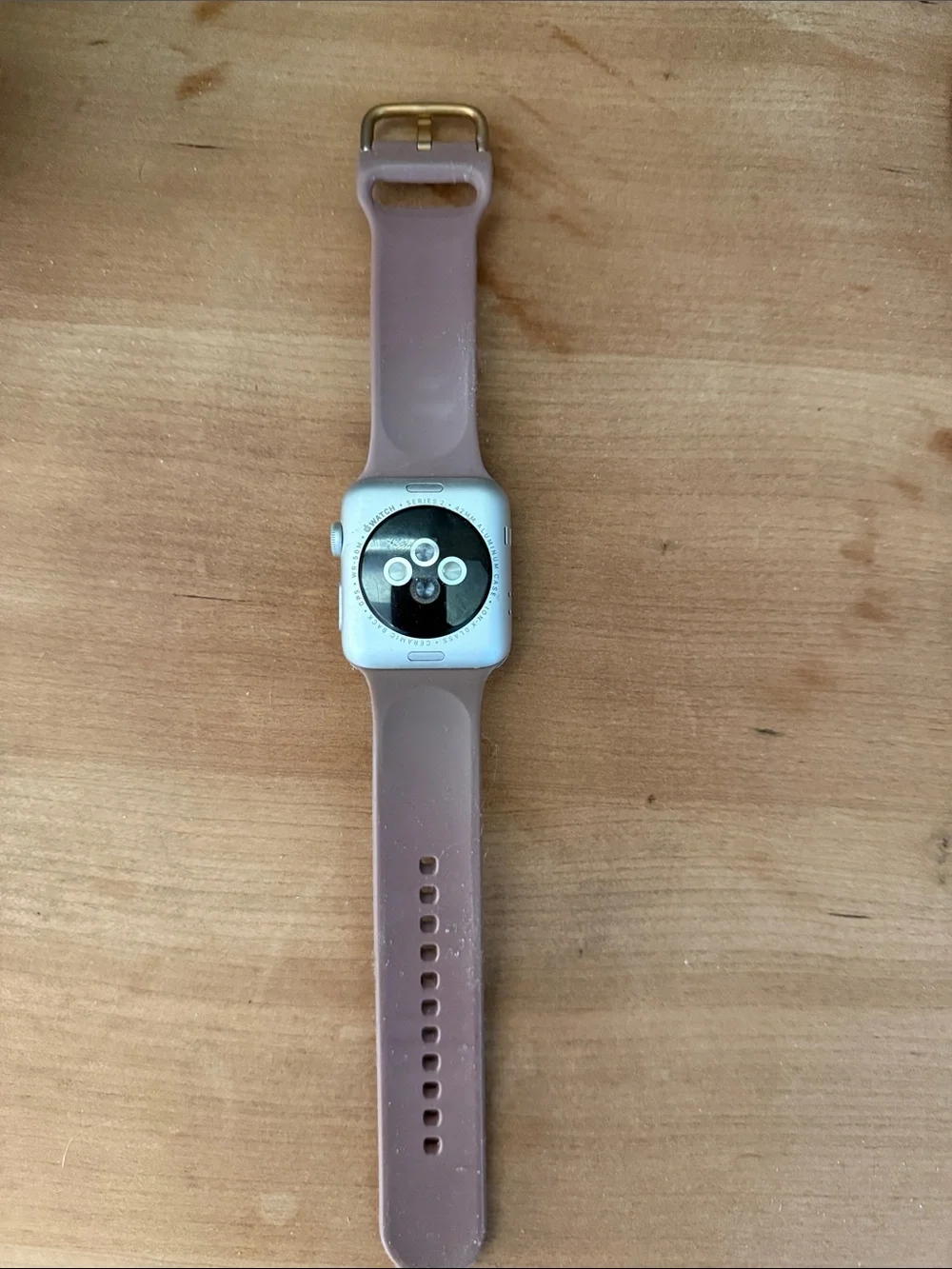Apple Gen 1 Watch with Taupe Silicone Band and Gold Buckle